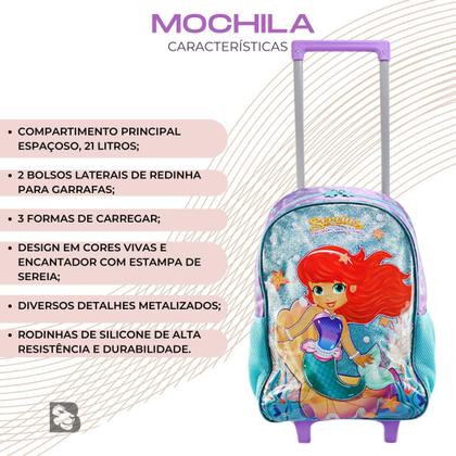 Kit Mochila Escolar Sereia Encanto dos Mares Com Rodinhas Lancheira e Estojo Duplo Para Menina Reforçada - Clio Style Imagem de Kit Mochila Escolar Sereia Encanto dos Mares Com Rodinhas Lancheira e Estojo Duplo Para Menina Reforçada