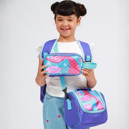 Imagem de Kit Mochila Escolar Sereia Juvenil Infantil Feminino + Lancheira Transversal + Estojo Duplo Menina Cristal