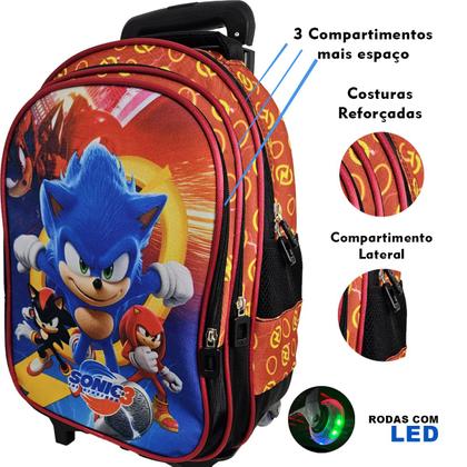 Imagem de Kit Mochila Escolar Sonic 3 Com Rodinhas, Lancheira e Estojo
