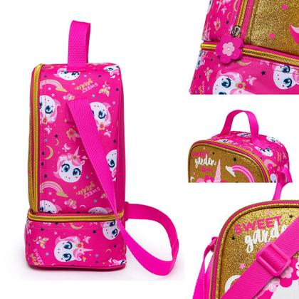 Imagem de Kit Mochila Escolar Unicórnio menina Espaçosa Rodinhas Resistente