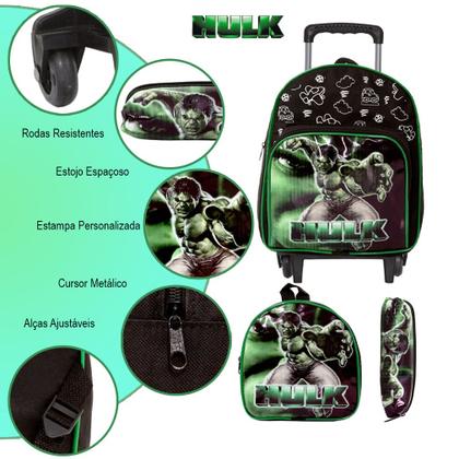Imagem de Kit Mochila Hulk Infantil Meninos Rodinha Escolar Masculina