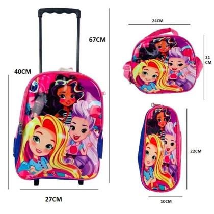 Imagem de Kit Mochila Infantil Com Rodinhas Meninas Princesas Bolsa Escolar Estojo E Lancheira Térmica Rosa