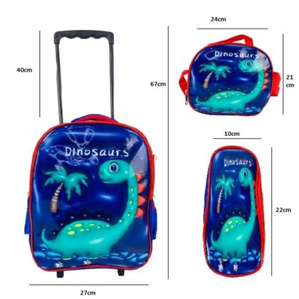Imagem de Kit Mochila Infantil Com Rodinhas Meninos Bolsa Escolar Dinossauro Estojo E Lancheira Térmica Dino Carrinho Impermeavel