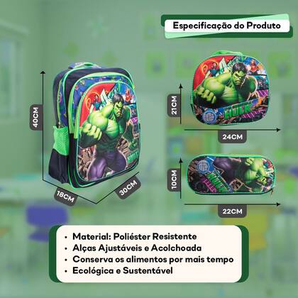 Imagem de Kit Mochila Infantil Costas Incrível Hulk 3D Passeio Creche