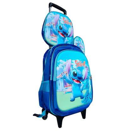 Imagem de Kit Mochila Infantil do Stitch em 3D com Rodinhas + Lancheira Térmica + Estojo Escolar Infantil