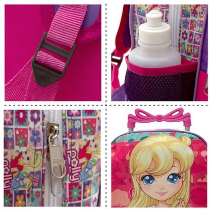 Imagem de Kit Mochila Infantil Escolar Feminina Rodinhas Polly Pocket