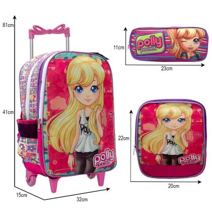 Imagem de Kit Mochila Infantil Escolar Feminina Rodinhas Polly Pocket