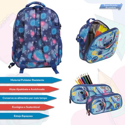 Imagem de Kit Mochila Infantil Escolar Lilo E Stitch Costas Grande