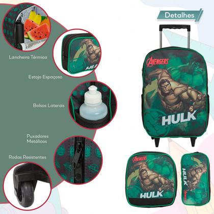 Imagem de Kit Mochila Infantil Escolar Rodinha Hulk Vingadores Grande