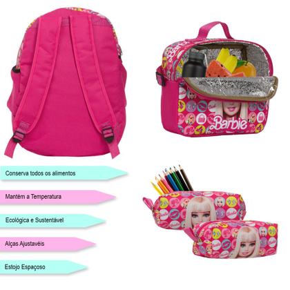 Imagem de Kit Mochila Infantil Feminina Barbie Juvenil Lancheira Rosa