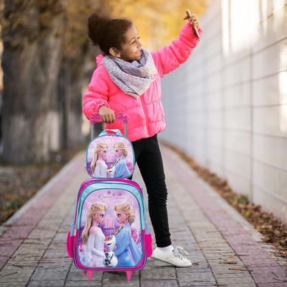 Imagem de Kit Mochila Infantil Feminina Rodinha Frozen 3D + Lancheira