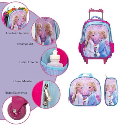 Imagem de Kit Mochila Infantil Feminina Rodinha Frozen 3D + Lancheira