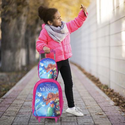 Imagem de Kit Mochila Infantil Feminina Rodinha Pequena Sereia Desenho