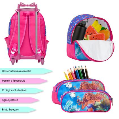 Imagem de Kit Mochila Infantil Feminina Rodinha Pequena Sereia Desenho