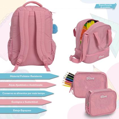 Imagem de Kit Mochila Infantil Feminina Stitch Tam G Resistente