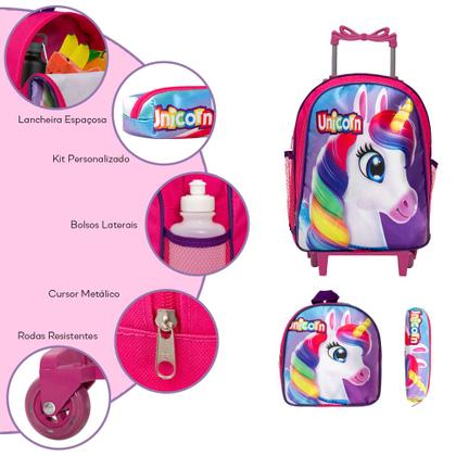 Imagem de Kit Mochila Infantil Feminina Unicórnio Rodinha Reforçada
