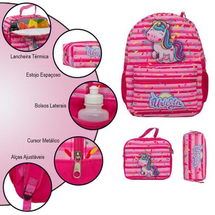 Imagem de Kit Mochila Infantil Feminina Unicórnio Rosa Juvenil Costas