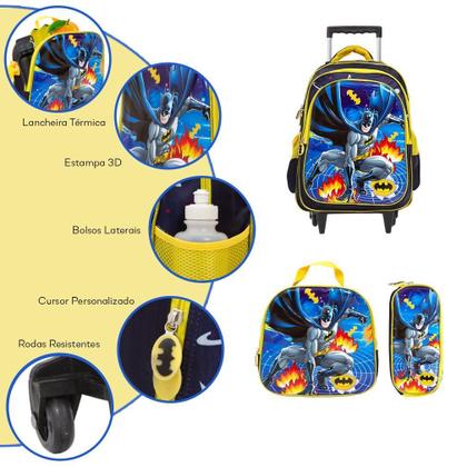 Imagem de Kit Mochila Infantil Masculina Rodinha Batman 3D Resistente