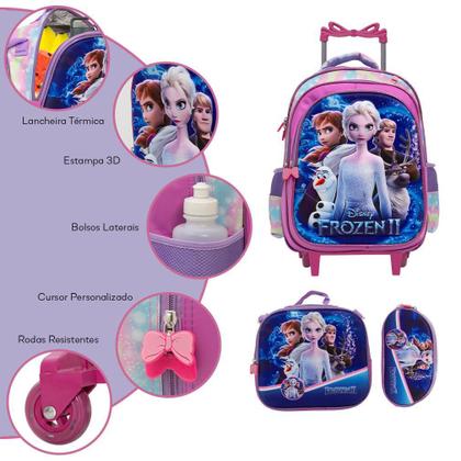 Imagem de Kit Mochila Infantil Menina Frozen 3D Rodinha Com Lancheira