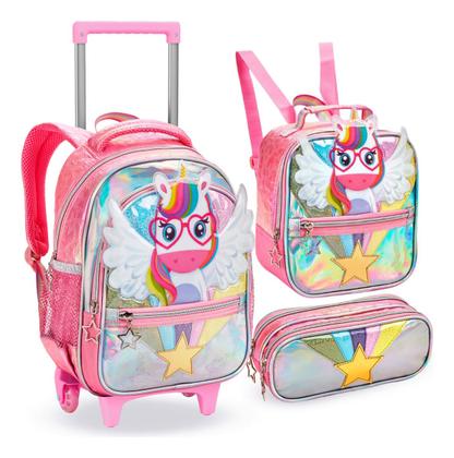 Imagem de Kit Mochila Infantil Menina Rodinha Escolar Feminina Unicórnio 3D Holográfica Kit Lancheira Térmica e Estojo