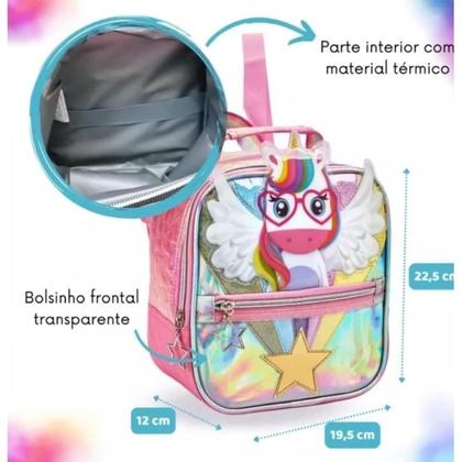 Imagem de Kit Mochila Infantil Menina Rodinha Escolar Feminina Unicórnio 3D Holográfica Kit Lancheira Térmica e Estojo