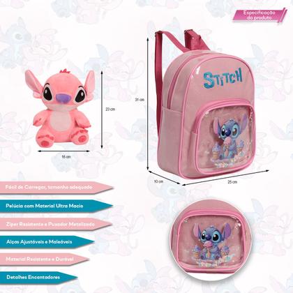 Imagem de Kit Mochila Infantil Menina Stitch Costas + Urso de Pelúcia