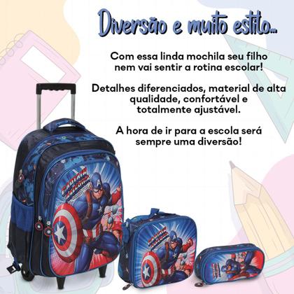 Imagem de Kit Mochila Infantil Menino Capitão América 3D Rodinha