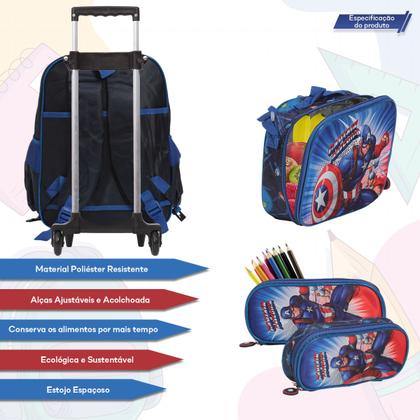 Imagem de Kit Mochila Infantil Menino Capitão América 3D Rodinha