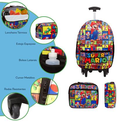 Imagem de Kit Mochila Infantil Menino Rodinha Super Mario Juvenil