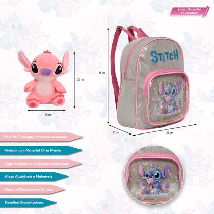 Imagem de Kit Mochila Infantil Mini Bolsa Stitch Com Urso Pelúcia