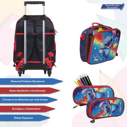 Imagem de Kit Mochila Infantil Rodinha Stitch 3d Lancheira Estojo