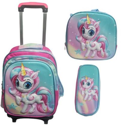 Imagem de Kit Mochila Infantil Rodinhas Unicornio 3D + lancheira + estojo AZul