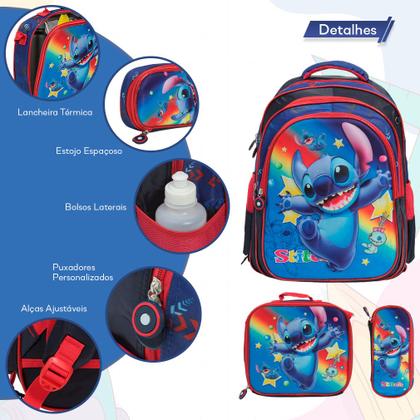Imagem de Kit Mochila Infantil Stitch Alça Costas Reforçada 3 Pçs