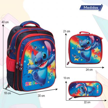 Imagem de Kit Mochila Infantil Stitch Alça Costas Reforçada 3 Pçs