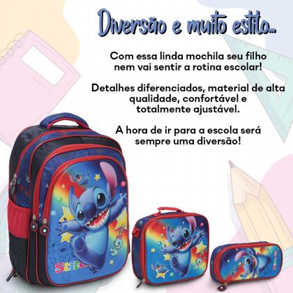 Imagem de Kit Mochila Infantil Stitch Alça Costas Reforçada 3 Pçs