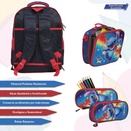 Imagem de Kit Mochila Infantil Stitch Alça Costas Reforçada 3 Pçs