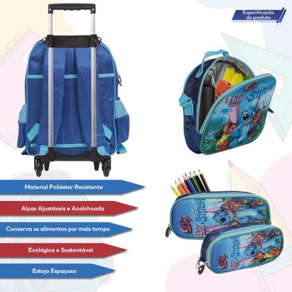 Imagem de Kit Mochila Infantil Stitch Rodinha Resistente Tam G 3 Pçs