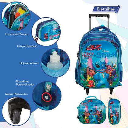 Imagem de Kit Mochila Infantil Stitch Rodinha Resistente Tam G 3 Pçs