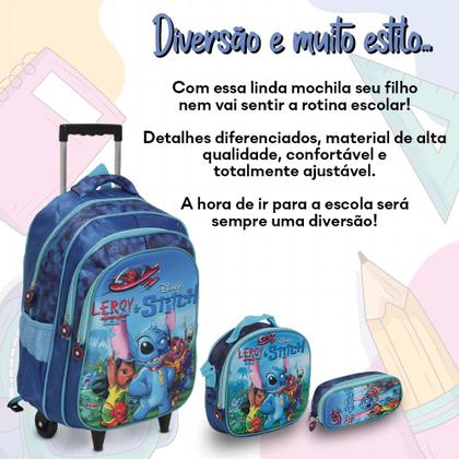 Imagem de Kit Mochila Infantil Stitch Rodinha Resistente Tam G 3 Pçs
