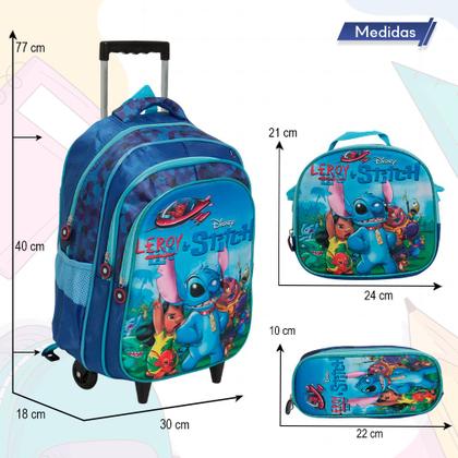 Imagem de Kit Mochila Infantil Stitch Rodinha Resistente Tam G 3 Pçs