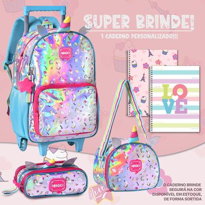 Imagem de Kit Mochila Infantil Unicórnio Holográfica Rodinhas Menina Escolar Lindo Reforçada Resistente