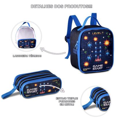 Imagem de Kit Mochila Lancheira Estojo Gamer Video Game Reforçada Resistente com Luzes Pisca Carrinho Rodinha