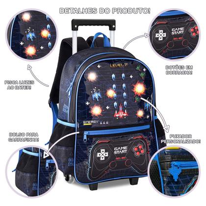 Imagem de Kit Mochila Lancheira Estojo Gamer Video Game Reforçada Resistente com Luzes Pisca Carrinho Rodinha