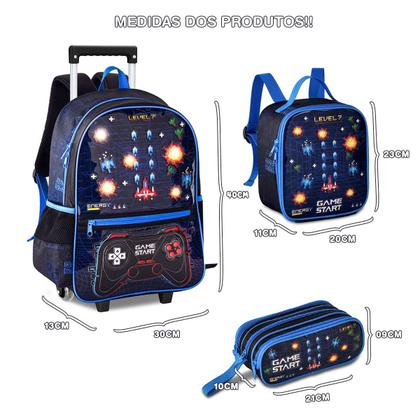Imagem de Kit Mochila Lancheira Estojo Gamer Video Game Reforçada Resistente com Luzes Pisca Carrinho Rodinha