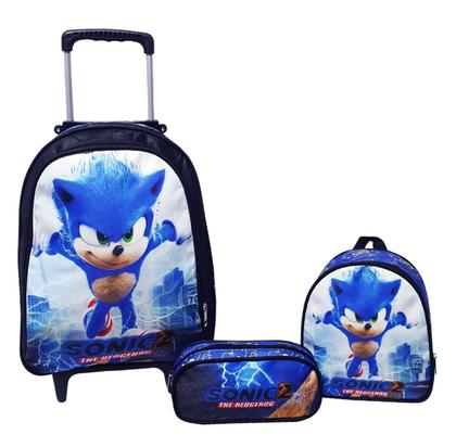 Imagem de Kit Mochila Masculina Rodinhas Infantil Sonic Lancheira E