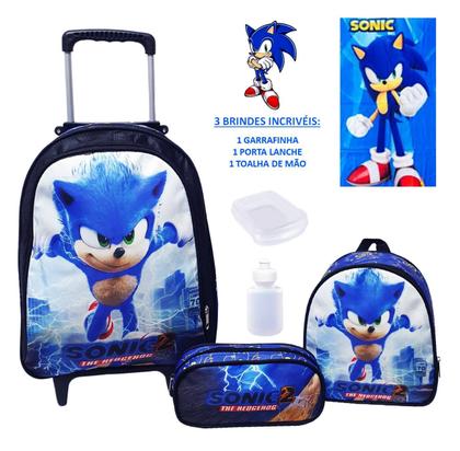 Imagem de Kit Mochila Masculina Rodinhas Infantil Sonic Lancheira E