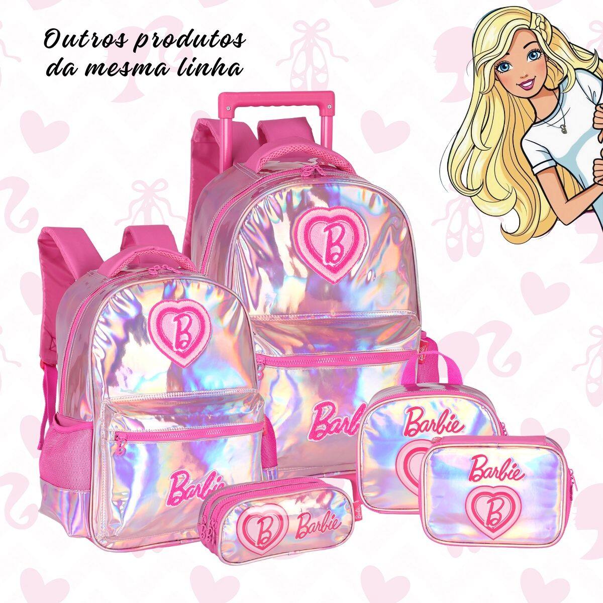 Imagem de Kit Mochila Rodas Barbie Holográfica Com Lancheira E Estojo