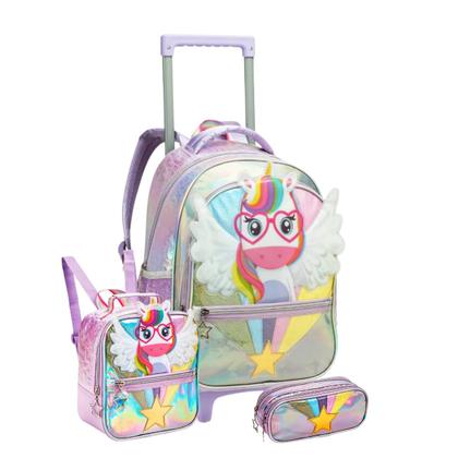 Imagem de Kit Mochila Rodinha 16" Unicórnio Lancheira Térmica Estojo