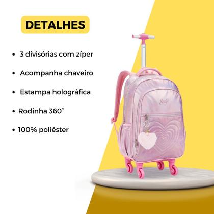 Imagem de Kit Mochila Rodinha 360 Coração Metalizada Escolar Meninas