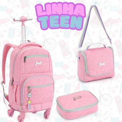 Imagem de Kit Mochila Rodinha 360 Escolar Grande Juvenil com Bolsa térmica e Estojo tipo Box Adolescente Jovem Menina